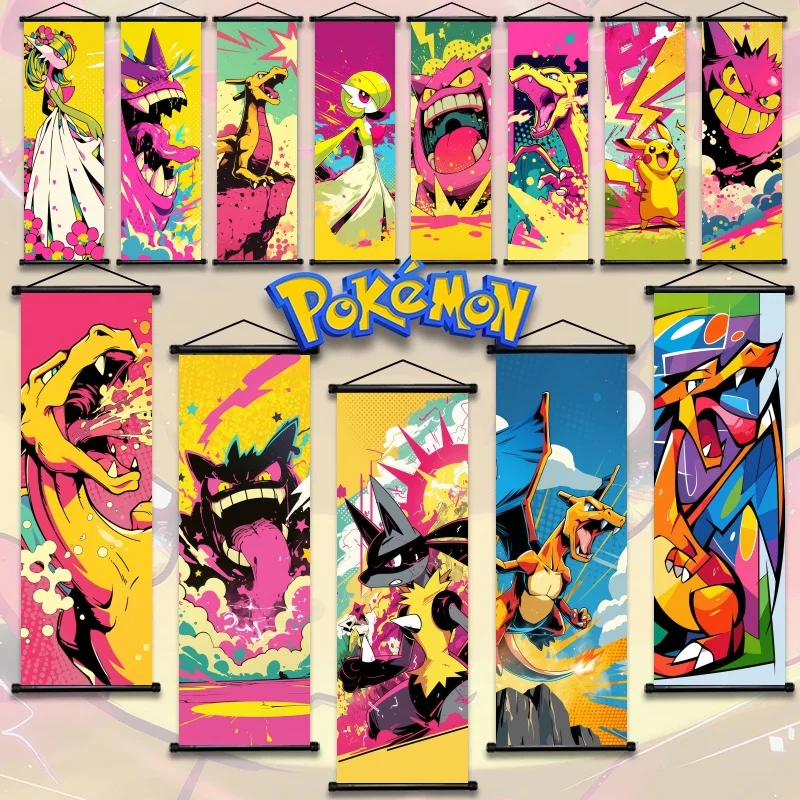 Pokémon Scroll Art Cloth Anime Characters Pikachu Charizard Gengar Wall Hanging Poster Halloween Xmas Decor Fans Collection
