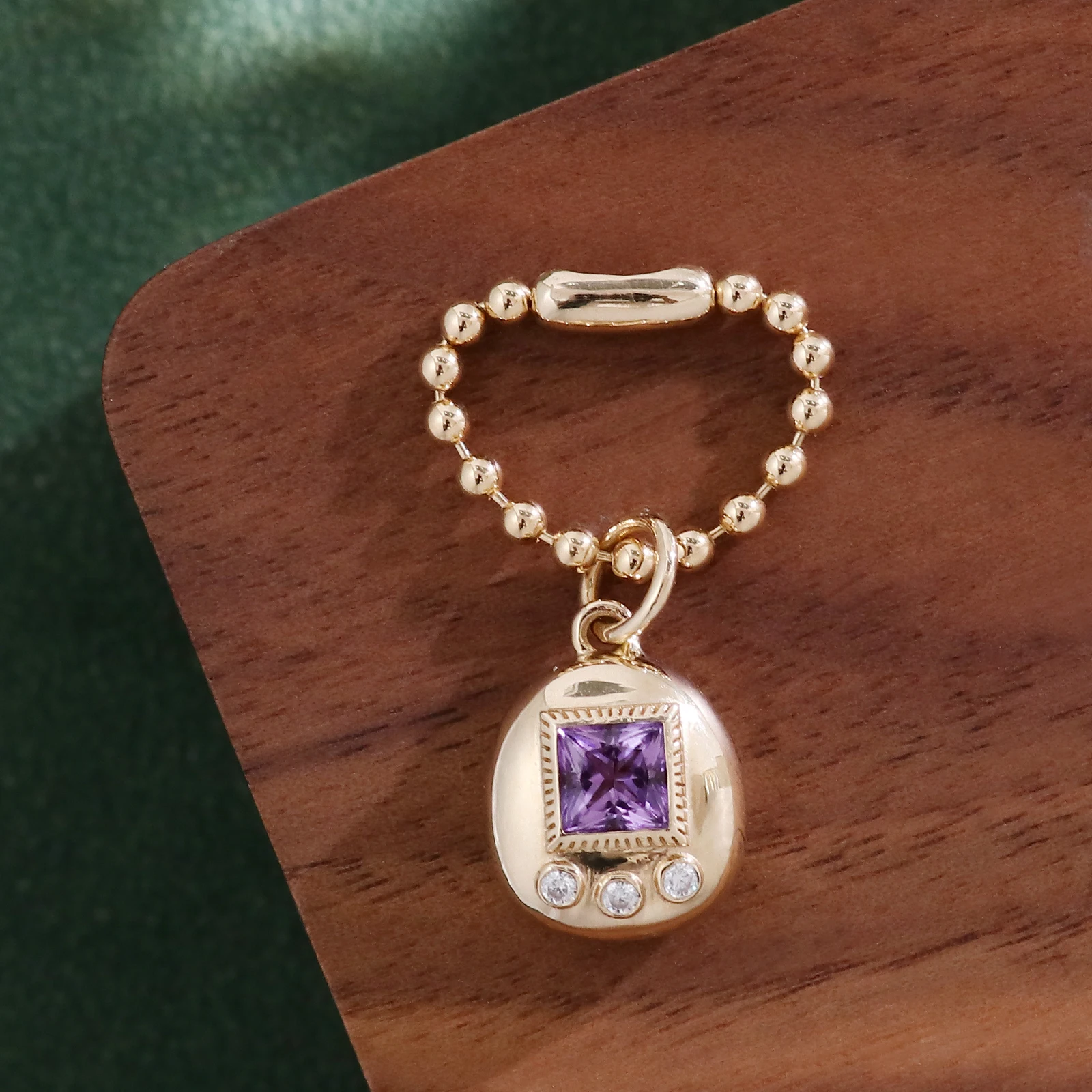 Provence 14K Solid Gold Tamagotchi Charm With 4.5*4.5mm Princess Cut Lab Purple Sapphire Childhood Toy Pendant Memeroable Gift