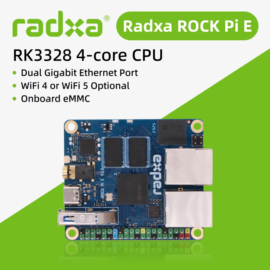 Radxa ROCK Pi E RK3328 4-core CPU, Dual Gigabit Ethernet,WiFi4 or WiFi5 Optional and eMMC Optional ,Single Board Computer