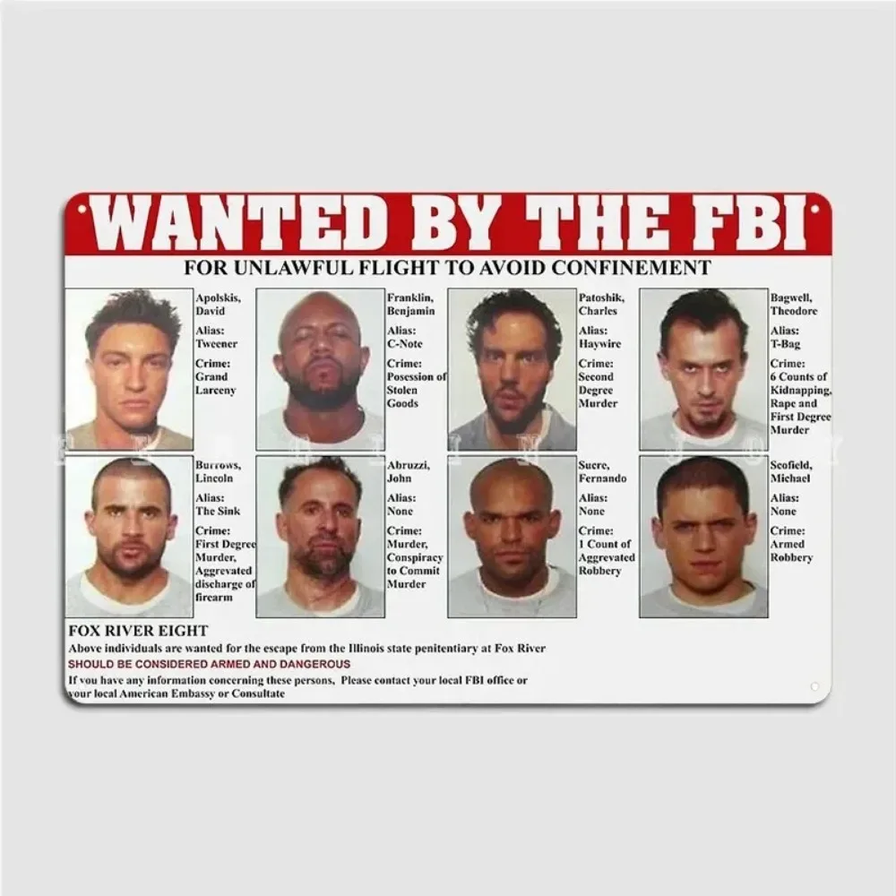 Retro "Prison Break" FBI Wanted Poster Metal Tin Sign - Exquisite Wall Art Decor for Kitchen, Bar, Cinema, Club & Home