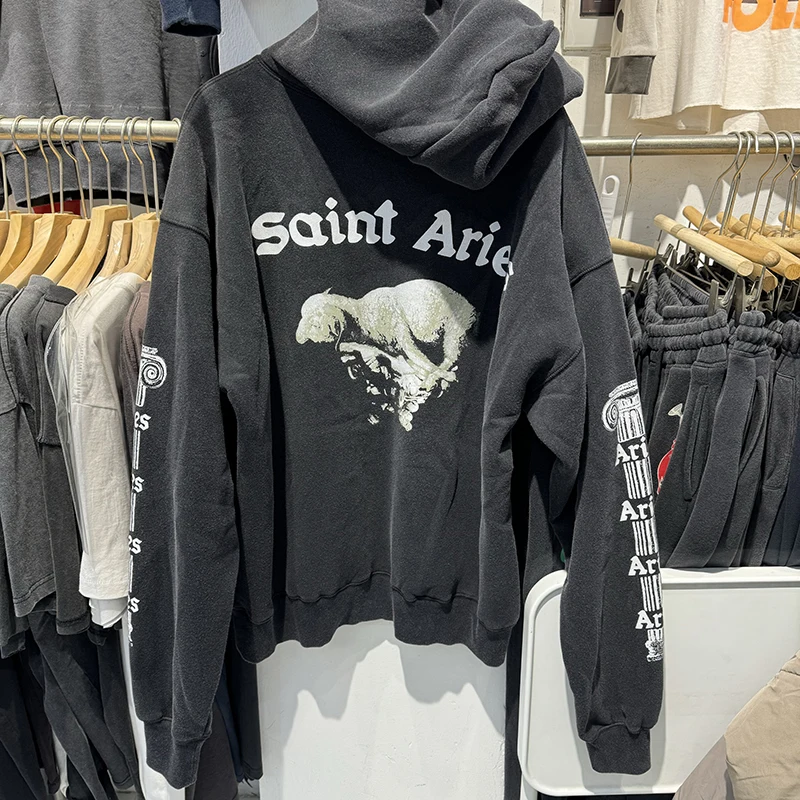 Saint Aries Retro Washed Hoodies High Street Casual Loose Men Sweatshirt Harajuku
