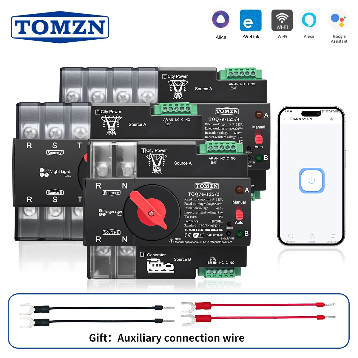 TOMZN eWelink 2P 3P 4P WIFI smart ATS timer 230V Dual Power Automatic Transfer Selector Switch Uninterrupted Remote Control 125A