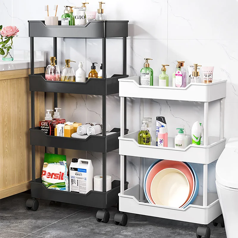 [UK Stock] Multi-Layer Trolley Rack Kitchen Floor Bedroom Organizer Cart Wheeled Bathroom Storage Rack Shelves Kitchen