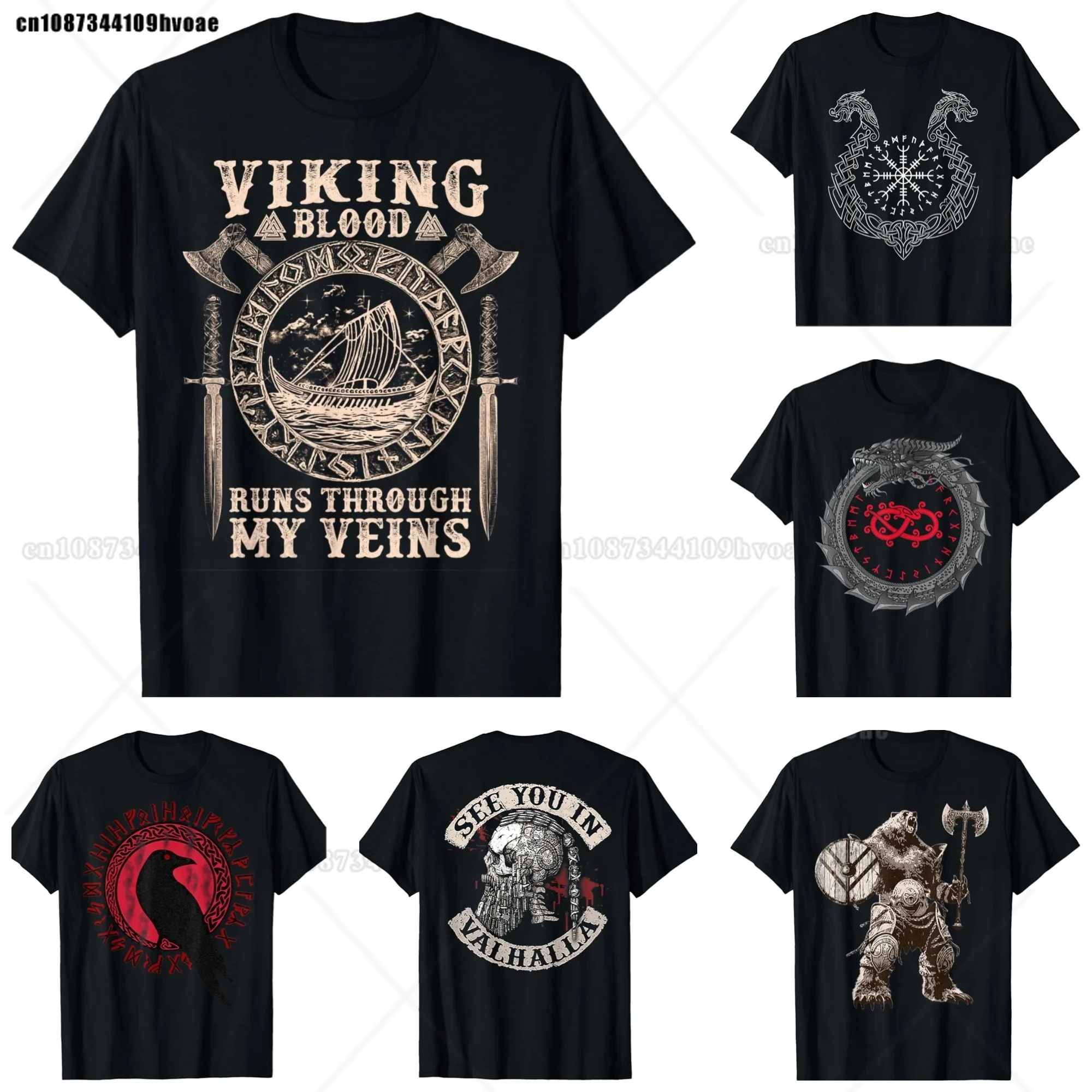 Viking Blood Runs Through My Veins Viking Ship T-Shirt Nordic Style Men's Oversized Short Sleeve Tops Tees Designer Clothing