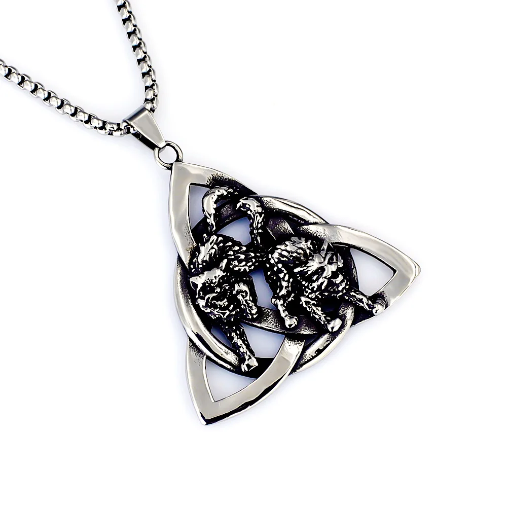 Viking Two Wolves Celtic Knot Necklace Pendant Men's Fashion Religious Accessories