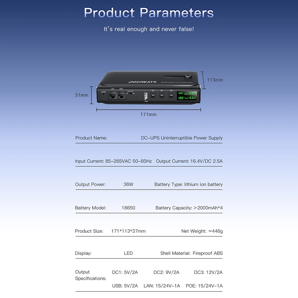 Without Battery DC1036L 36W Digital UPS Uninterruptible Power Supply UPS Backup Power Adapter for WiFi Router