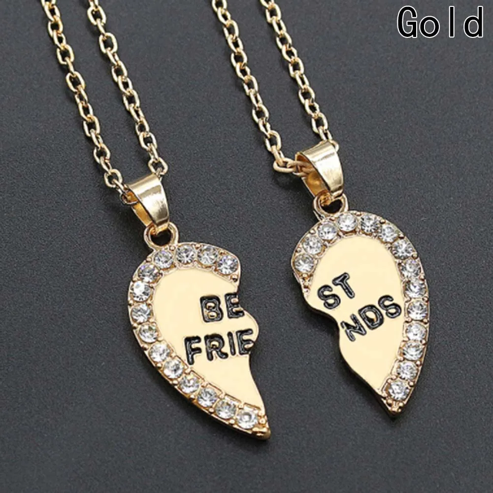 1 Pair Half Love Heart Rhinestone Pendant Best Friends Necklace Friendship Gift