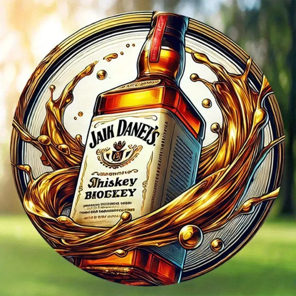 1pc 2D Flat Vintage Classic Whiskey Bottle Metal Sign - 8-Inch Round "Shake's Daniel's Bioley Kentucky Whiskey" Art