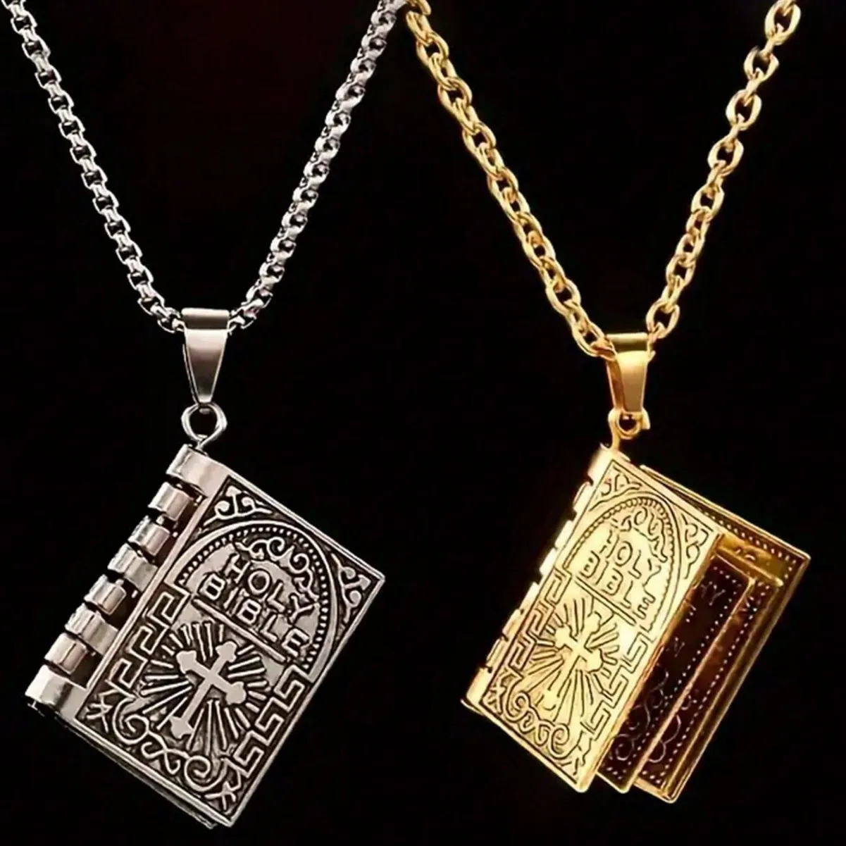 1pc Fashion Polished Alloy Bible Book Design Pendant Necklace For Men And Women Vintage Flipped Bible Necklace Gifts For Friend