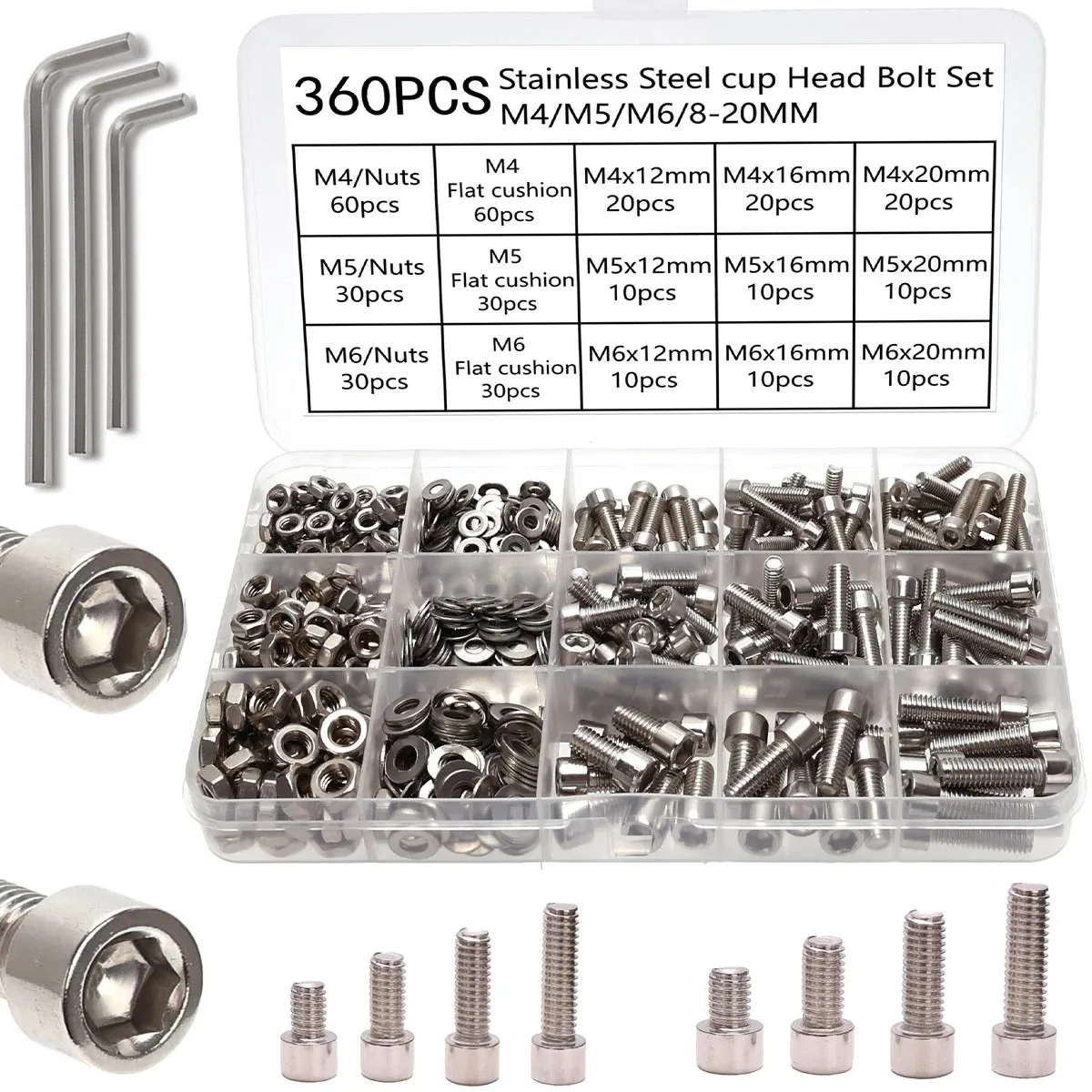 360-Piece Stainless Steel Internal Angle Nut and Bolt Combo Set - M4, M5, M6 Hex Head - Includes Flat Washer Wrench