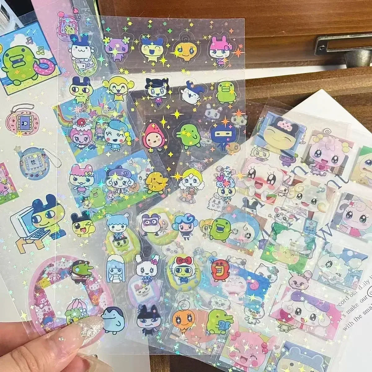 4/10PCS Cute Cartoon Double-sided Transparent Sticker, Cartoon Pixel Laser Cutting Film Sticker, Manual Cup Phone Case Sticker