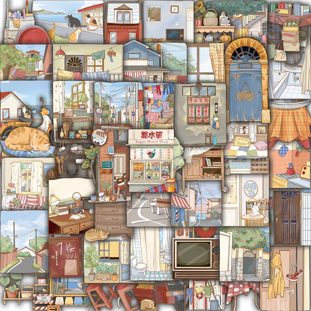 50PCS Alley houses Sticker Notebook Graffiti Landscape Waterproof Coffee Laptop Luggage Fashion Skateboard Harajuku Sticker