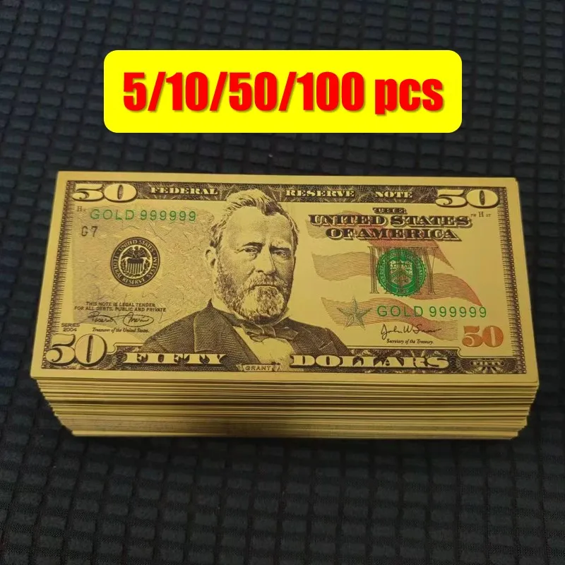 5~10pcs US 24k Gold Banknotes 50 Dollars Bills Golden USD Paper Money Banknotes Crafts for Collection Home Decor