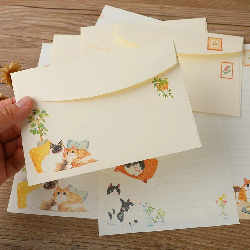 9pcs/set Cartoon Cats Envelopes with Letter Pads Cute Letter Writing Paper Wedding Invitation Cards Postcards Cover Stationery