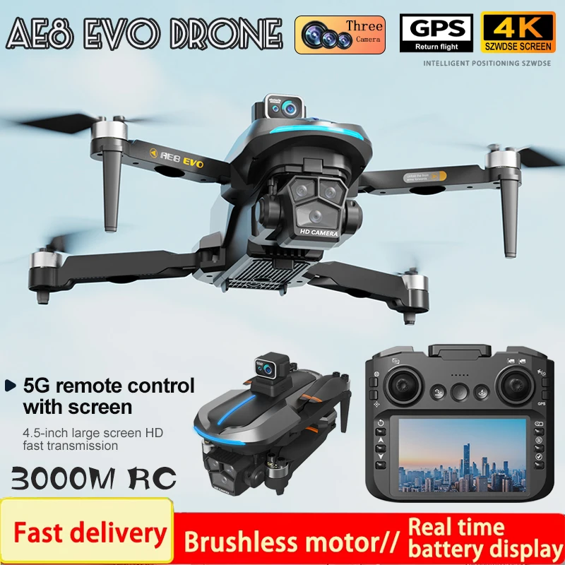 AE8 EVO GPS Drone 4K Professional HD Triple Camera Photography Brushless Foldable Quadcopter RC Distance 3KM Screen Drones Toys