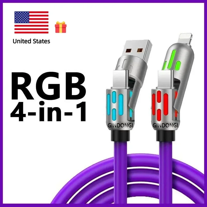 All-in-One 4-in-1 USB Charging Cable (USB A/Type C/Lightning) - Max 240W Fast Charge, Breathing Light for Phones/Tablets