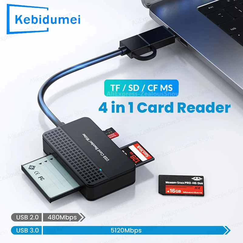 All In One Memory Card Reader SD TF CF MS Compact Flash Card Adapter USB/Type-C Smart Card Reader 20cm Cable for Laptop PC