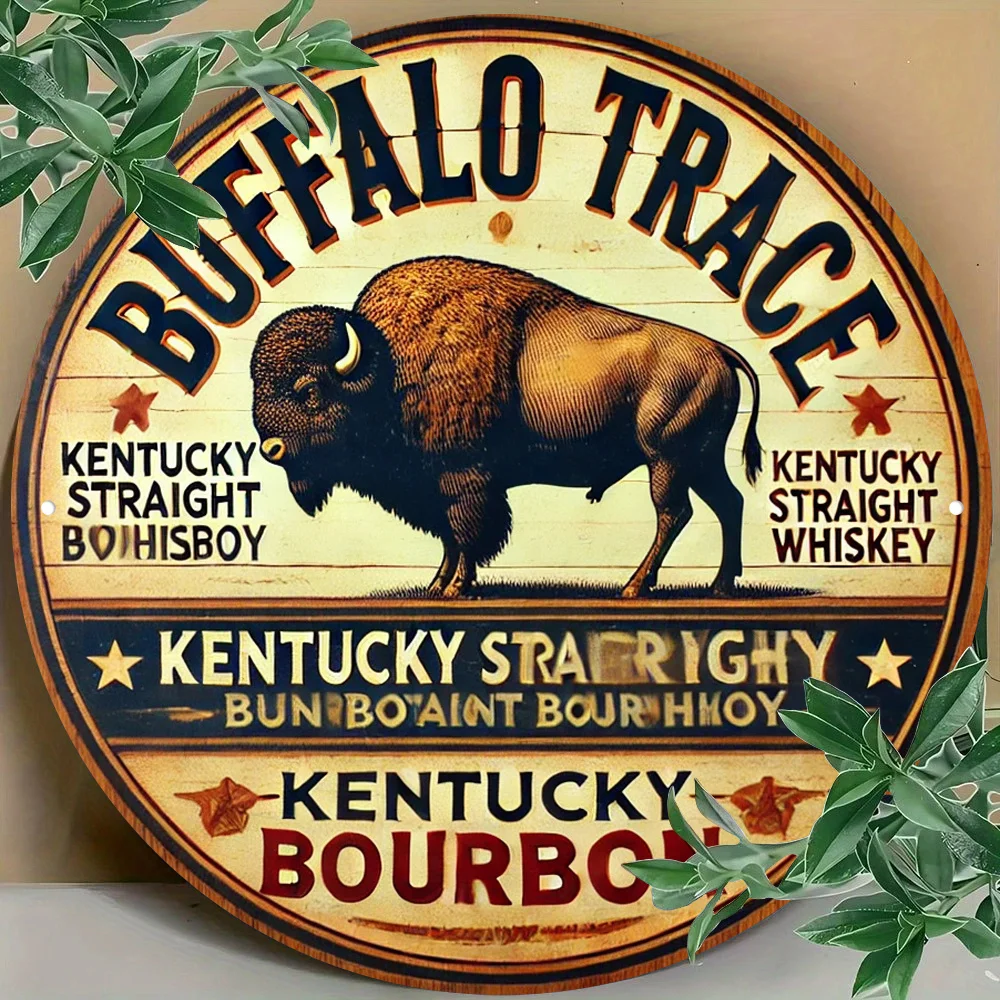 [Bar Essential] Vintage Buffalo Trace Metal Sign - 20.32cm Round Aluminum Wall Decor with Kentucky Straight Bourbon Design, Rust