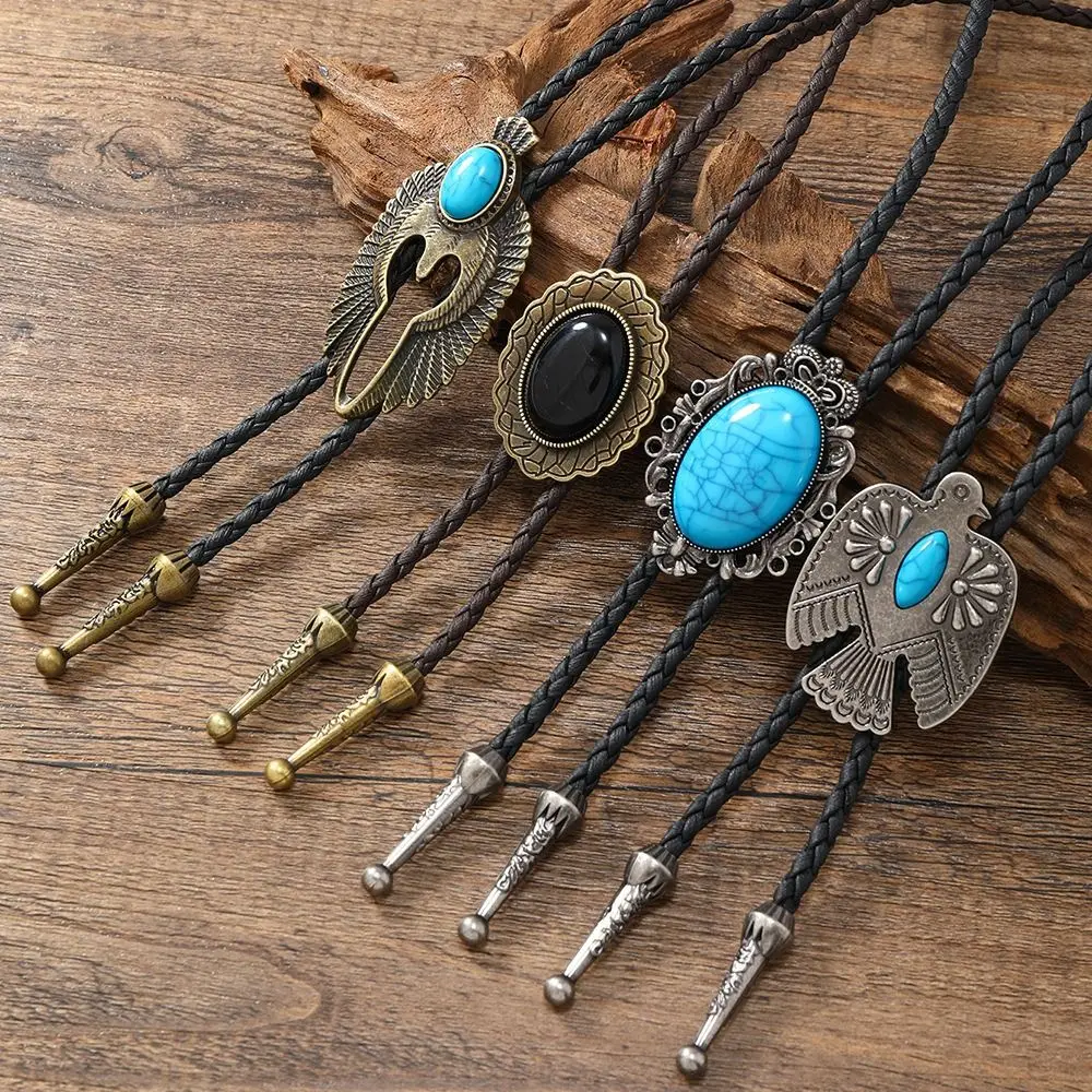 Boho American Bolo Necklace Cowboy Hat Pendant PU Woven Turquoises Beaded Necklace Western Country Style Jewelry Accessories