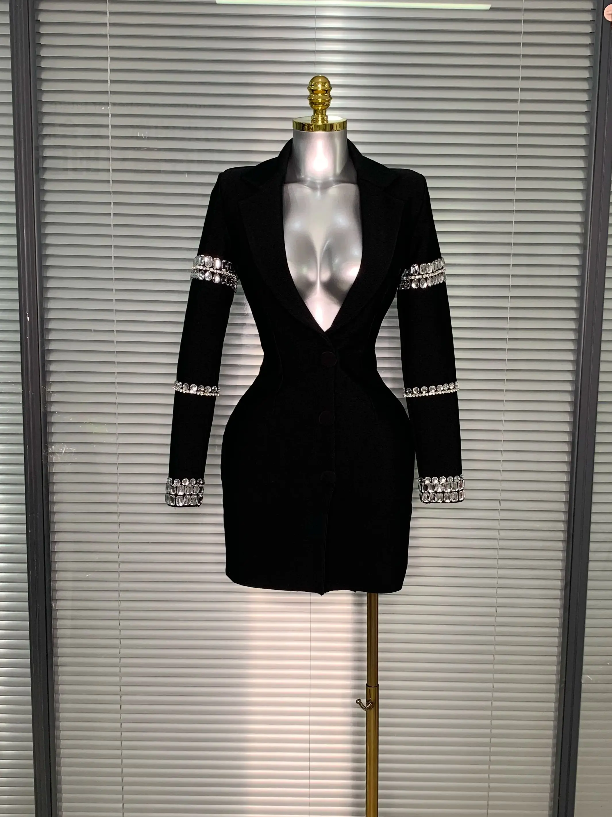 Brand New 2025 Women Sexy Deep V Neck Long Sleeve Beaded Blazer Bandage Dress Elegant Evening High Street Party Dress
