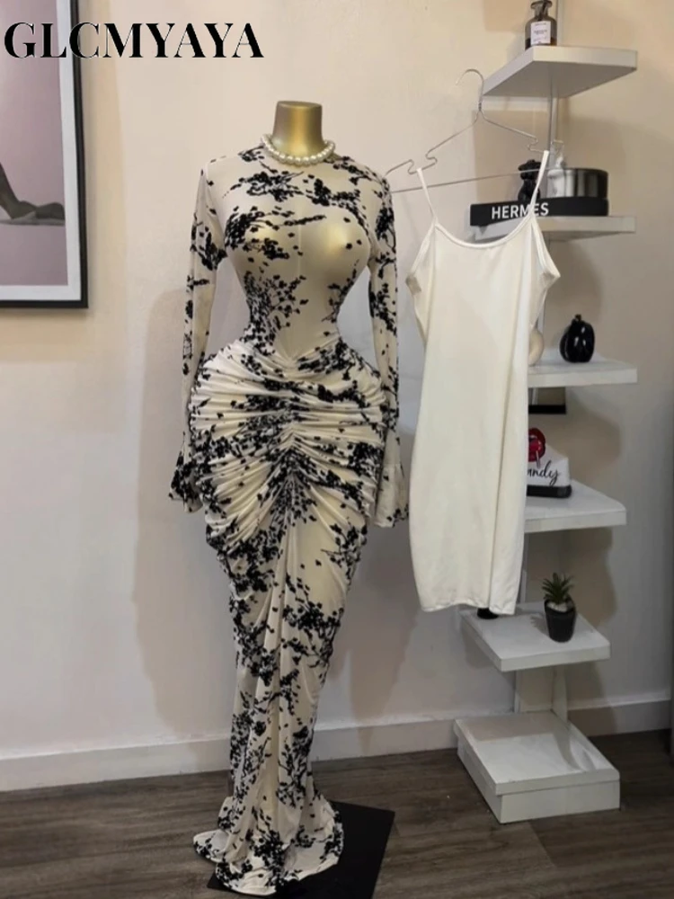 CM.YAYA Women Long Sleeve Stacked Mesh See Though with Lining Bodycon Long Dress 2025 Autumn Evening Birthday Sexy Party Dresses