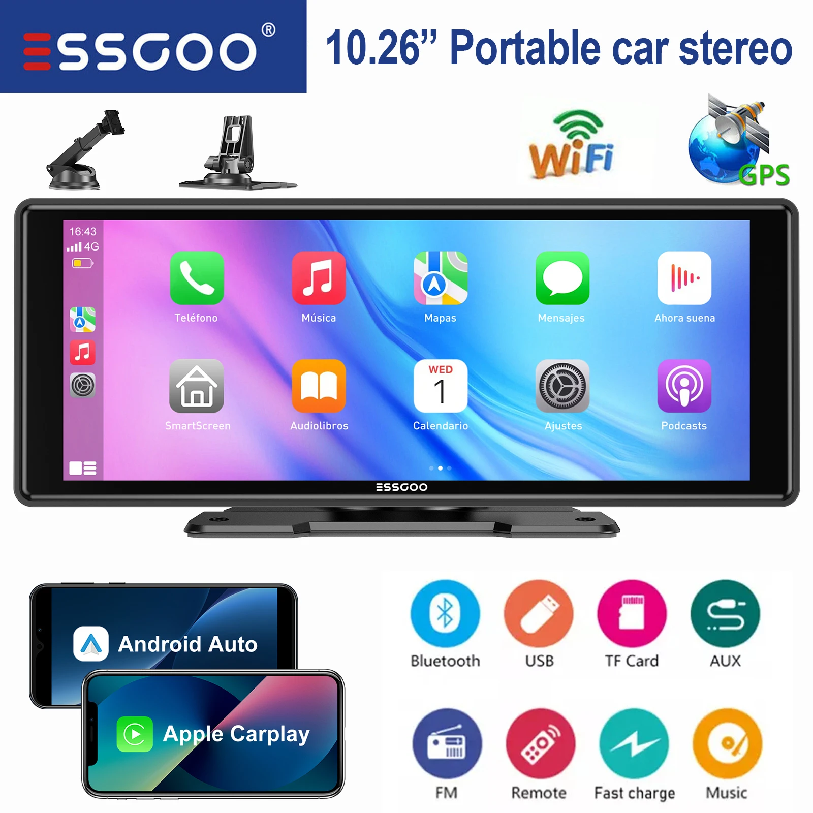ESSGOO 10.26" portable universal car stereo Radio HD Tour screen GPS Navi WIFI Apple carplay Android auto BT MIrror link AUX FM
