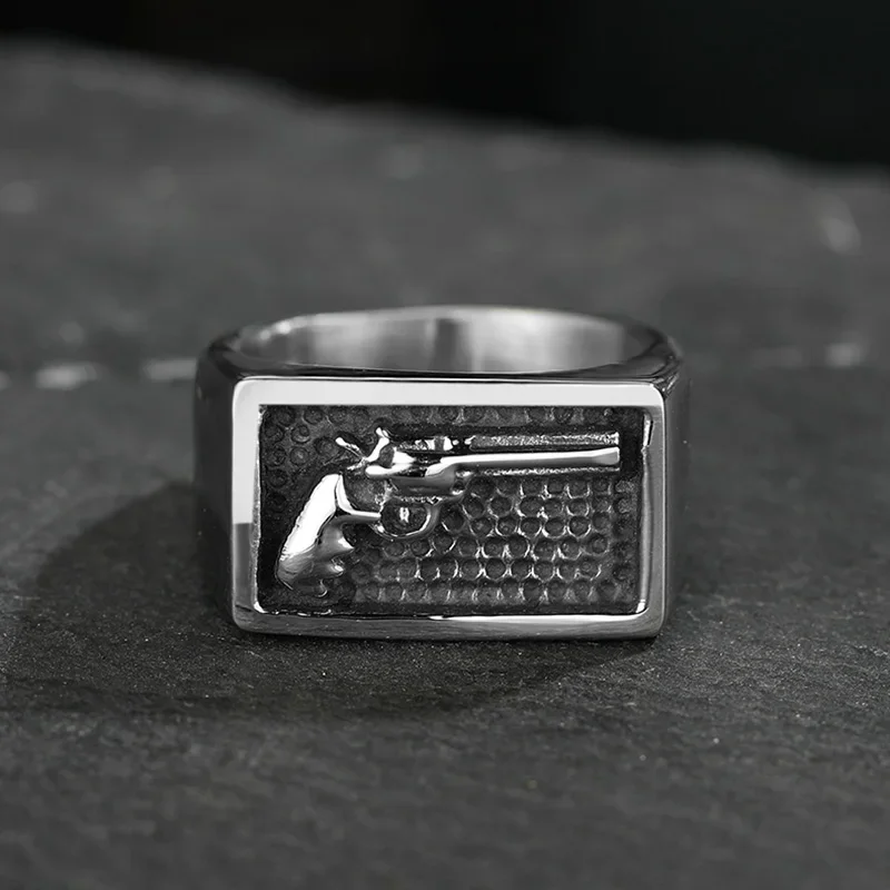 Fashion Vintage Guns Ring Heavy Sugar Stainless Steel Cowboy Men Anel Punk Gothic Ring Mens Biker Jewelry