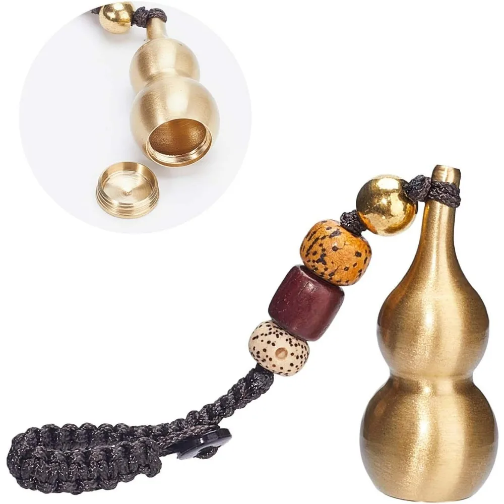 Feng Shui Brass Wu Lou Gourd Key Chain Chinese Hulu Key Holder Brass Golden Calabash with Bodhi Beads Car Decor Pendant Bag