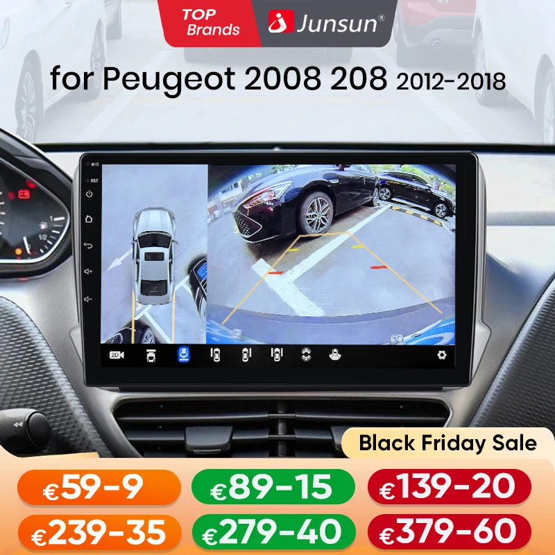 Junsun AI Wireless CarPlay for Apple Android14 Auto Car Radio for Peugeot 2008 208 2012-2018 GPS RDS WiFi 360 Camera Multimedia