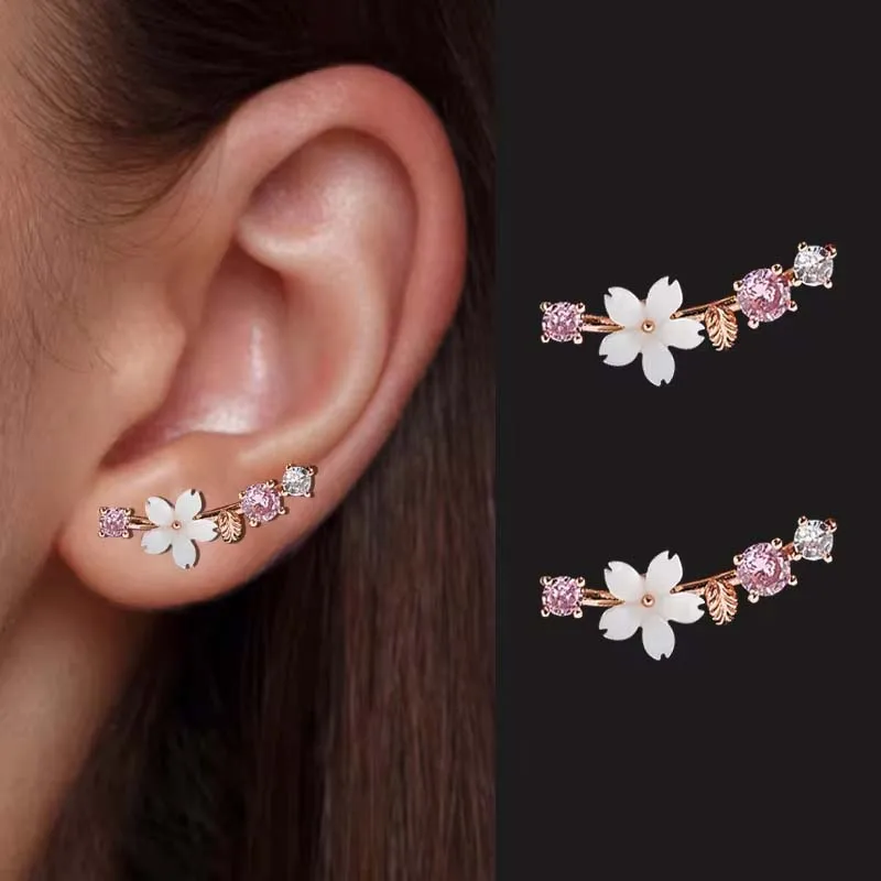 Korean Rhinestone Flower Leaves Stud Earrings For Women Girls Elegant Crystal Shell Flower Personality Earrings Jewelry Brincos