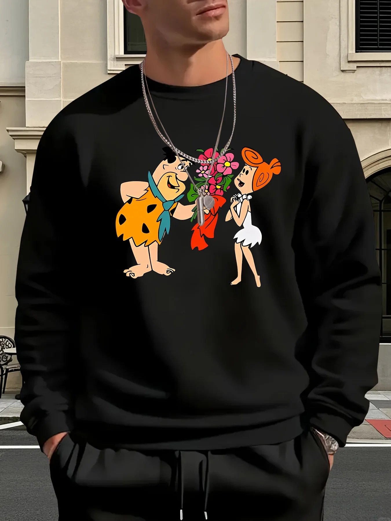 Men's Retro Cartoon Print Crew Neck Sweatshirt - Comfy Casual Pullover with Fred Flintstone & Barney Rubble