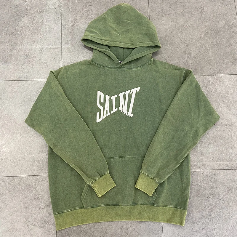 Men Women Unisex Casual Fashion Classic Letters Logo Print Saint Hoodie Vintage Washed Green Black Oversized Pullovers Hooded