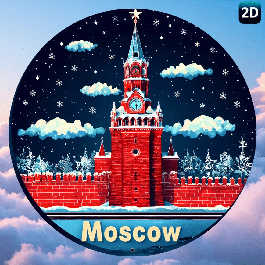 Metal Kremlin Sign Moscow Russia Wall Decor, 7.8x7.8 Inch Red Blue Weatherproof Aluminum Plaque for Themed Room & Gift.