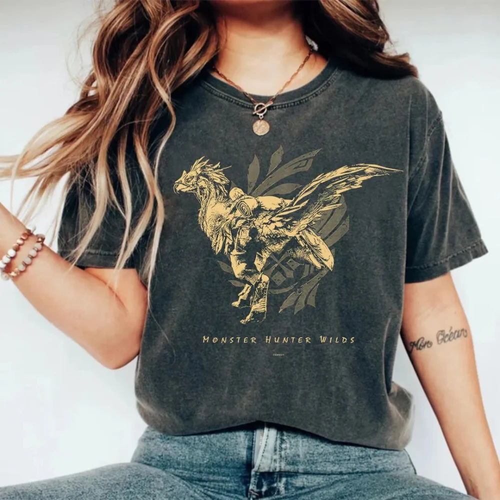 Monster Hunter Wilds Shirt Rathalos Gold Tee Capcom MH Rise MH World 90s Vintage Gamer Gift Doshaguma Men Women All-Season Black