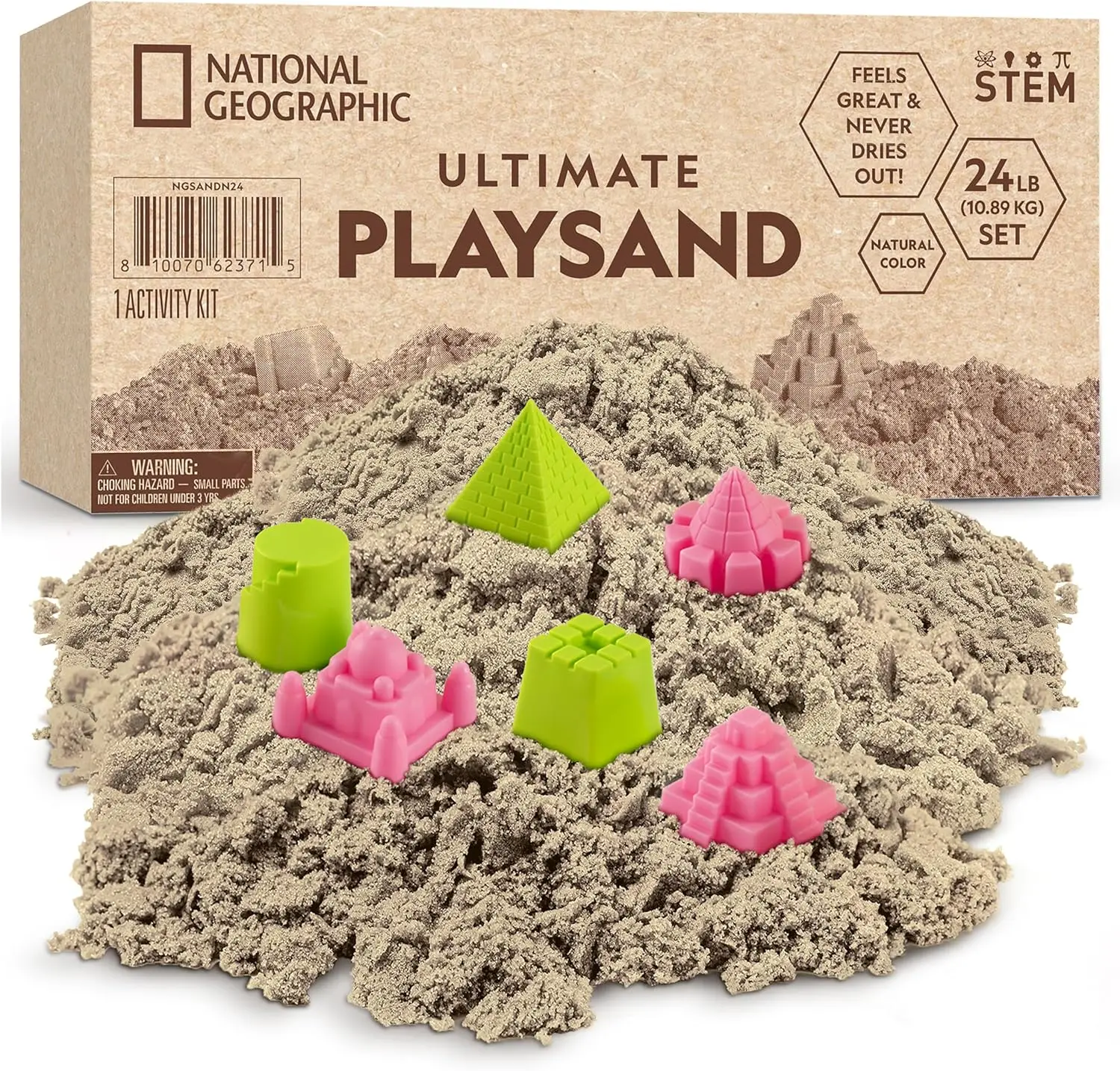 National Geographic Moon Sand - 24 Lb. Bulk Play Sand Kit with 6 Castle Molds (Natural) - A Fun No Mess Sensory Activity, Kids F