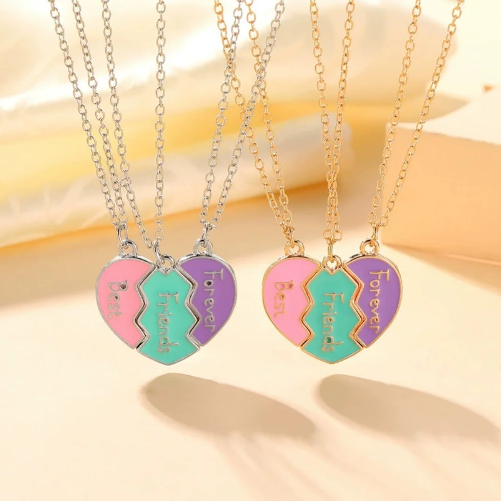 New 3Pcs/set Cute 3-color Heart Broken Stitching Magnetic Best Friend Necklace for Girls BFF Friendship Jewelry Gift