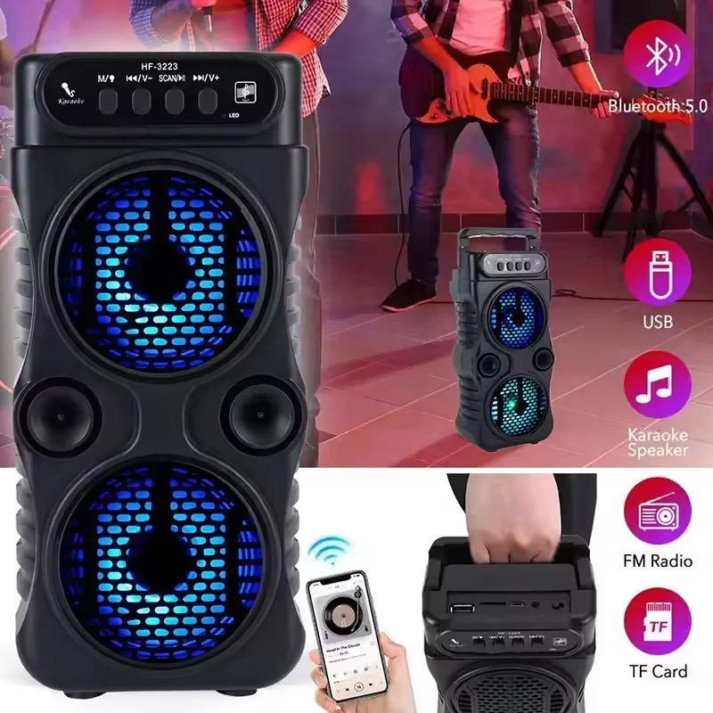 Portable Outdoor Wireless Speaker Dual 3-inch Stereo Subwoofers Bass Boost FM Radio TF/USB Card For Proms Home Karaoke