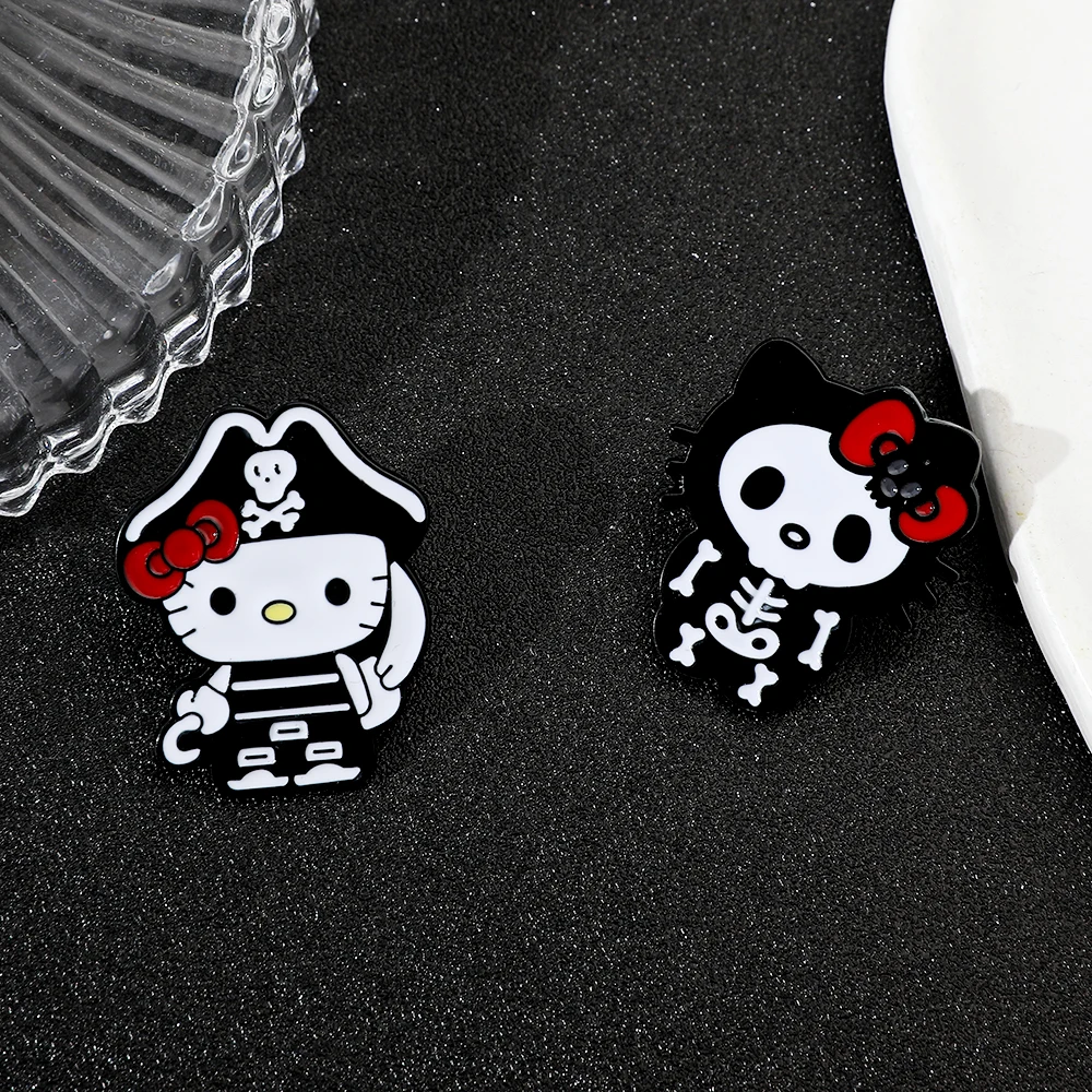 Sanrio Hello Kitty Brooches Badge Creative Cartoon Skeleton Pirate Enamel Lapel Pins for Halloween Decoration Accessories Gifts