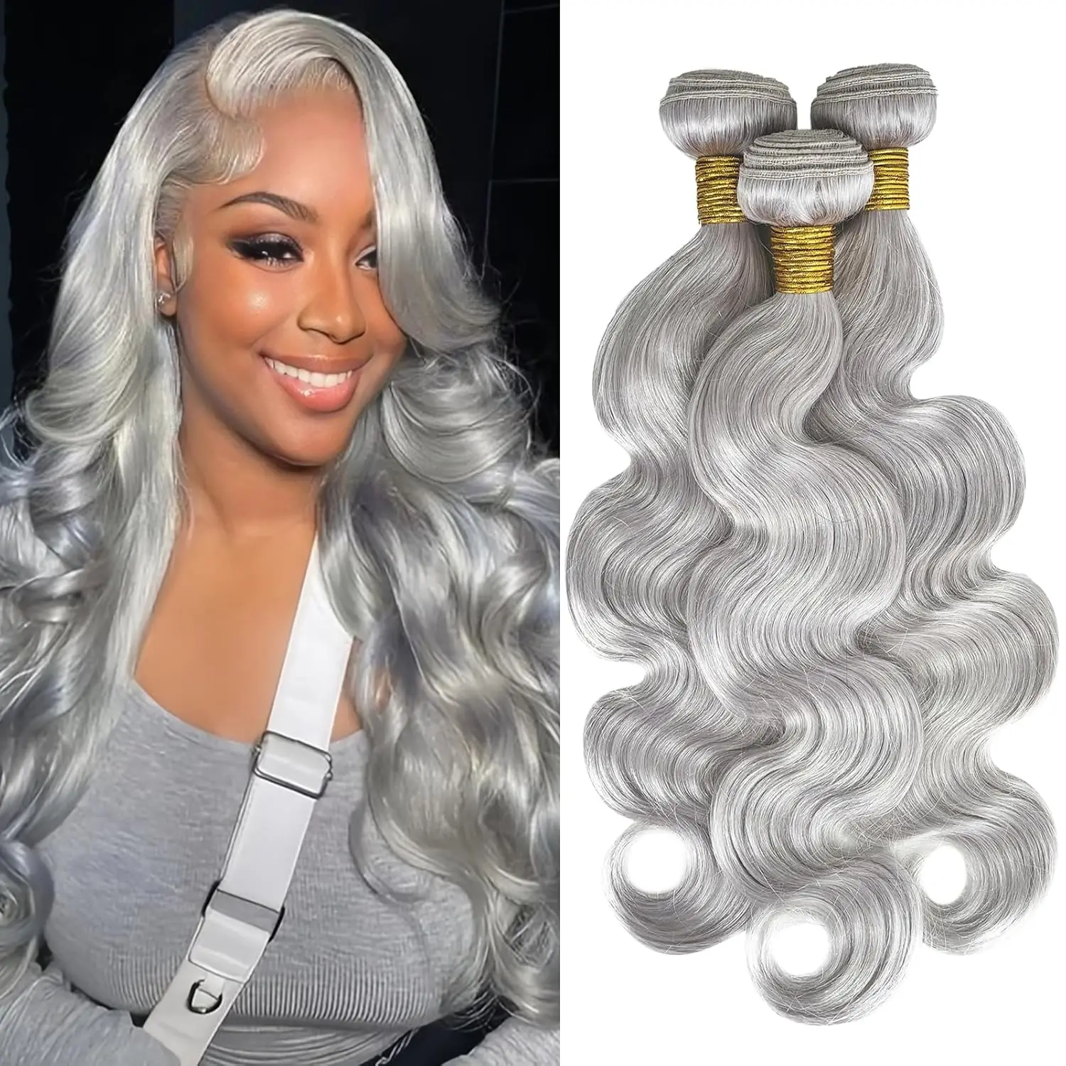 Silver Gray Body Wave Bundles Human Hair 10-30 Inch 100% Virgin Human Hair Weaving Extensions Double Weft 12A Grey Human Hair