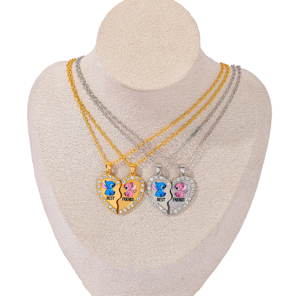 Stitch Angel Best Friends Honey Love Pendant Necklace, Chain Choker, Broken Heart, BFF, Good Friendship Jewelry Gift, 2 Pcs Set