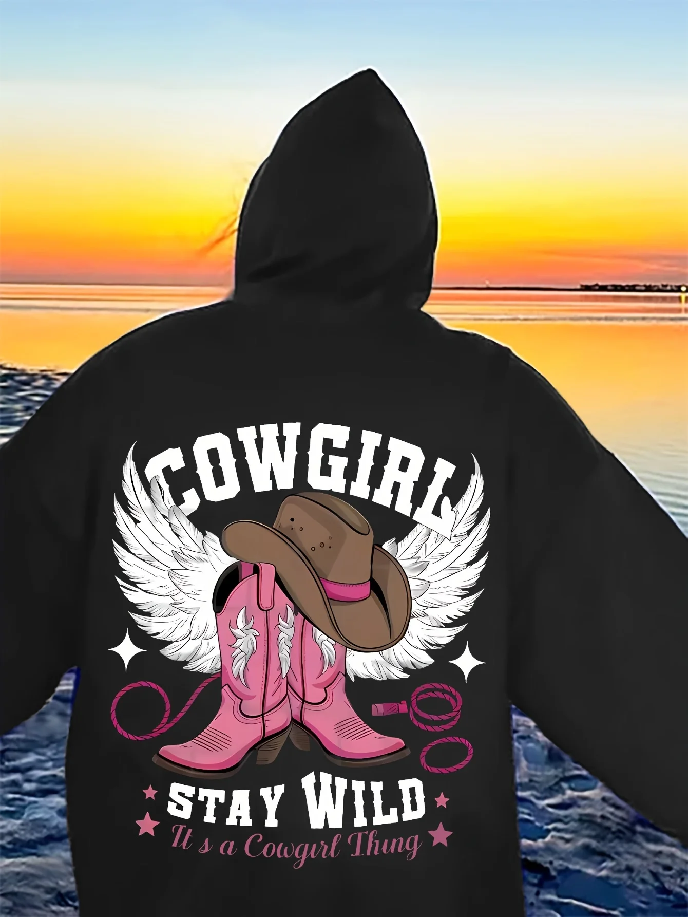 Western Chic Cowgirl Hoodie Long Sleeve Pullover Sweatshirt with Hood Embroidered Cowboy Hat and Boot Casual Relaxed Fit