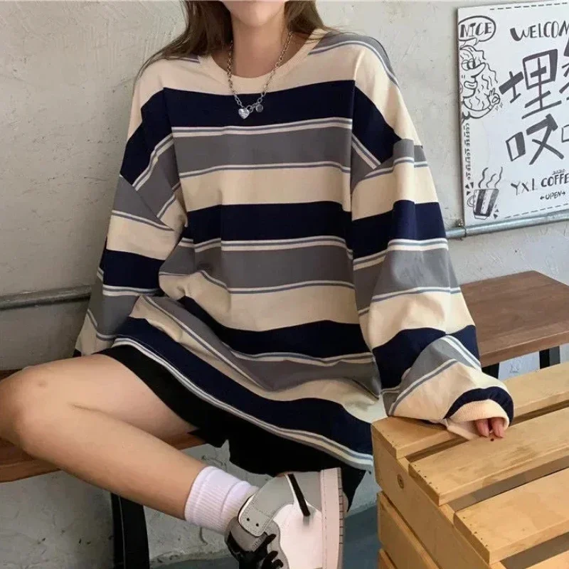 Women's Autumn T-shirt Striped Top Sweatshirt 2024 Korean Fashion Long-sleeved T-shirt Spliced Loose Couple Oversized Hoodie