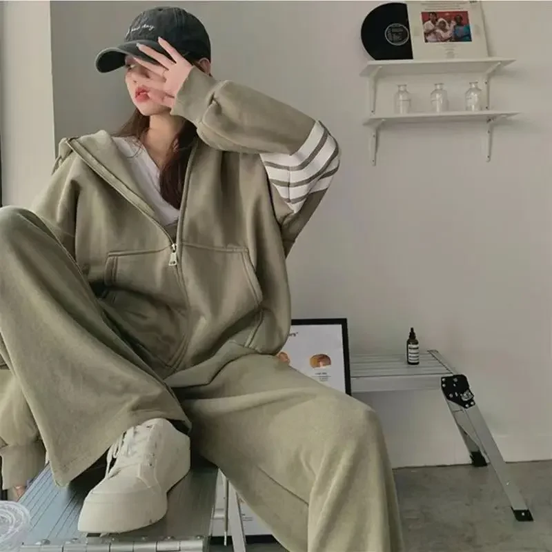 Women's Cotton Blend Thin Sportswear Set Hoodie And Wide Leg Pants Two Piece Casual Fashion Korean Style Open Cardigan