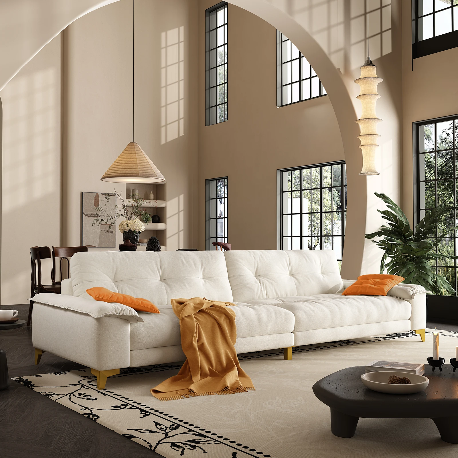 104.7" sectional Couch, mid-Century Modern 4-Seater Comfy Cloud Couch for Living Room Office, Button Tufted upholstered Metal Le