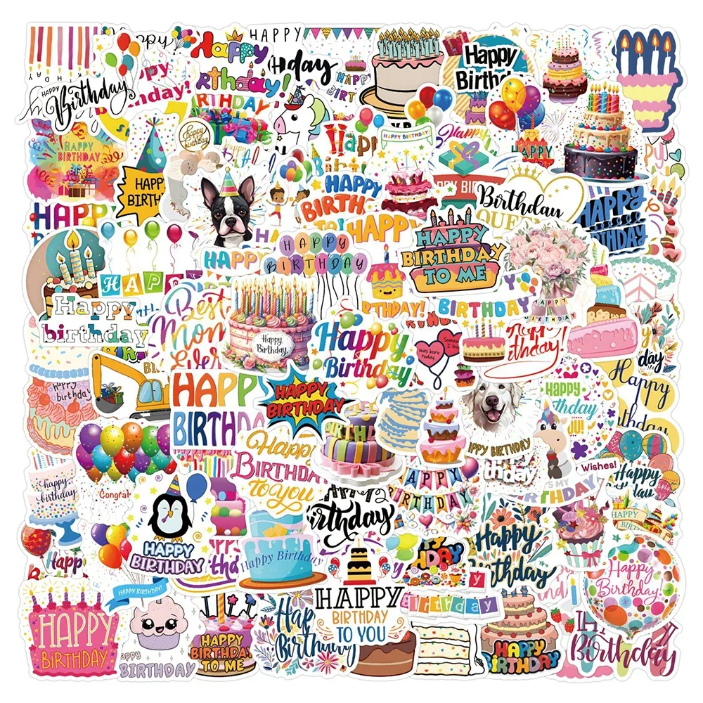 110PCS Happy Birthday Sticker Cartoon Graffiti Decoration Luggage Notebook Guitar Scrapbook Waterproof Decal Kids Toys Gifts