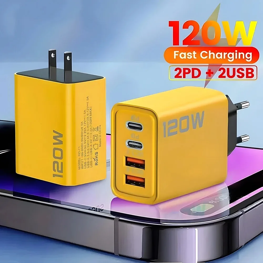 120W 4-Port USB-C Fast Charger Wall Adapter Quick Charge For iPhone 15 16 17 Pro Samsung S24 Xiaomi Huawei OnePlus EU US UK Plug