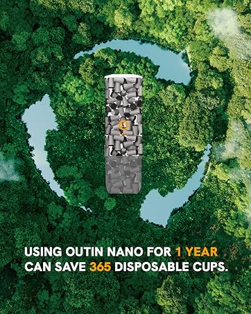 Aerial view of forest with lakes forming recycling symbol. Central gray path with metallic cups and single gold cup. Text states using Outin Nano saves 365 disposable cups yearly.
