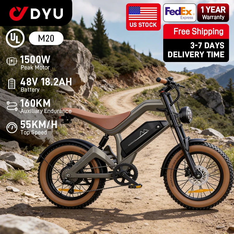 【1 Year Warranty】DYU M20 Electric Bicycle Peak 1500W Motor 48V18.2AH Lithium Battery Electric Bike 20*4.0 Inch Fat E-bike，UL2849