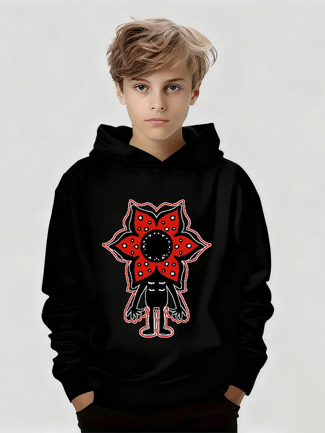 2026 New Kids Dark And Bizarre Cannibal Print Children's Casual Black Hooded Sweatshirt