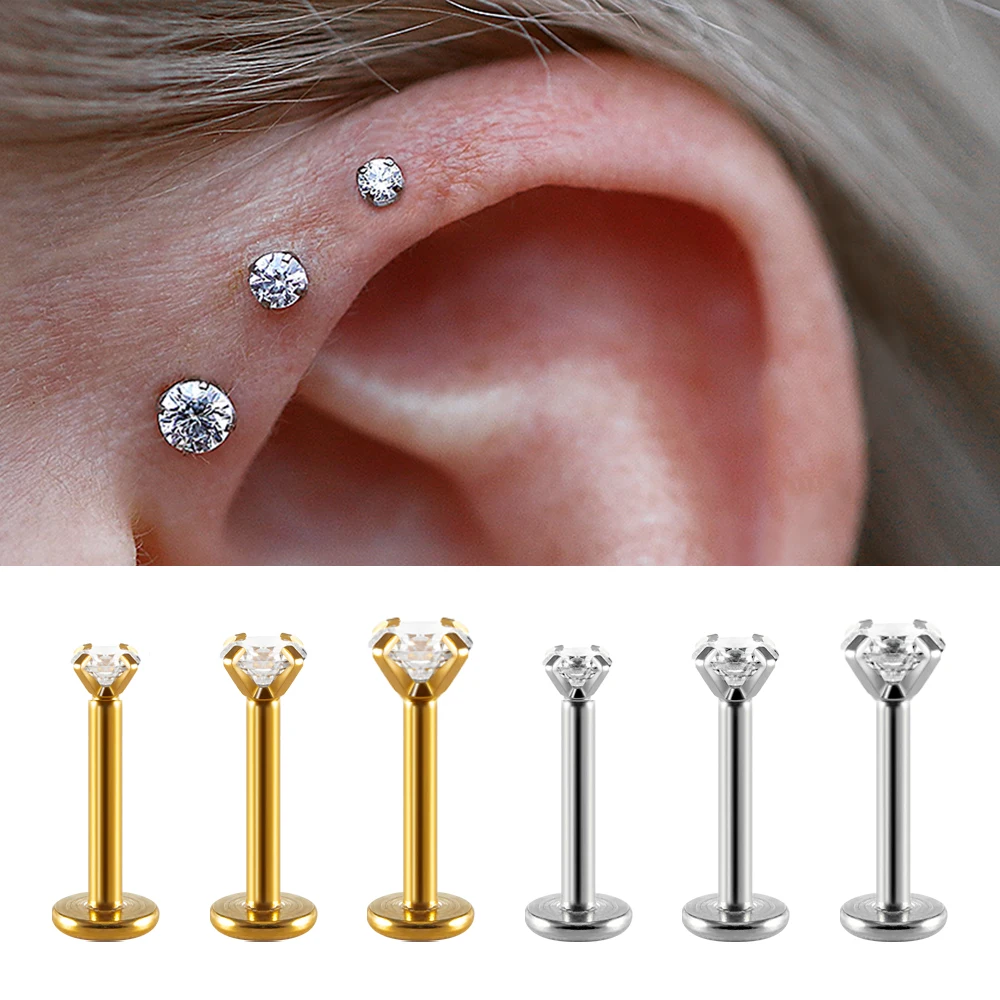 2PC Labret Tragus Stud Earrings 16G Surgical Stainless Steel CZ Crystal Monroe Helix Cartialge Conch Medusa Lip Body Piercing J
